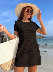 Swim Vcay Trang phục mùa hè cho phụ nữ Áo choàng tay ngắn đơn giản hàng ngày màu trơn cho phụ nữ mùa hè - màu đen - Xem 4