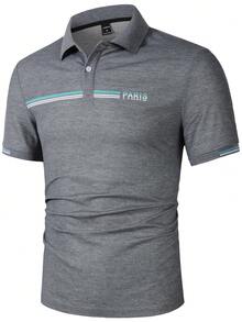 Manfinity Homme Camiseta Polo Casual de Oficina para Hombre de Verano de Manga Corta con Rayas y Letras - Gris Oscuro - Ver 5