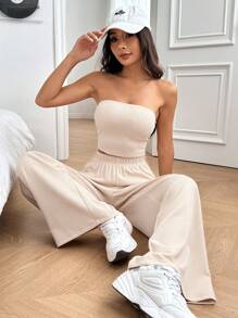 SHEIN EZwear Conjunto de top sin tirantes y pantalones largos para mujer, nueva llegada