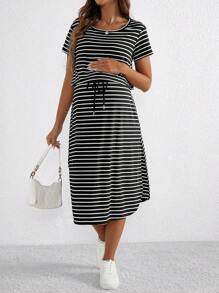 SHEIN Maternity Summer Round Neck Short Sleeve Striped Waist-Tied Casual Nursing Dress - Black and White - View 3