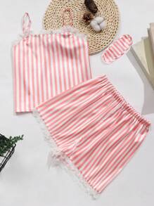 Conjunto de 3 Camisola de alças em renda listrada Colorblock com shorts e máscara para os olhos, roupa de casa para adolescentes
