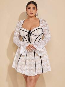 SHEIN BAE Plus Size Women's Lace Cup Style Ruffled Hem Pleated Dress  Patchwork Color Block Mini Dress