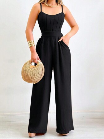 SHEIN Privé 女款純色無袖連身褲帶口袋