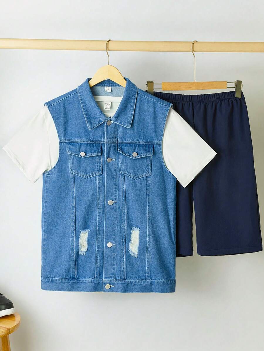 Set Kemeja Lengan Pendek Kerah Berlipat untuk Remaja Laki-laki, Jaket Tanpa Lengan dengan Saku Bergaya Lusuh, dan Celana Panjang - Biru - View 1