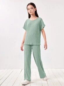 SHEIN Tween Girls' Knitted Loose Short Sleeve T-Shirt And Wide Leg Trousers Casual Set - Mint Green - View 6