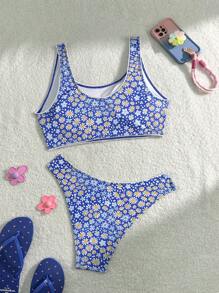Women's Summer Beach Daisy Printed  Bikini Set - Blue - View 2