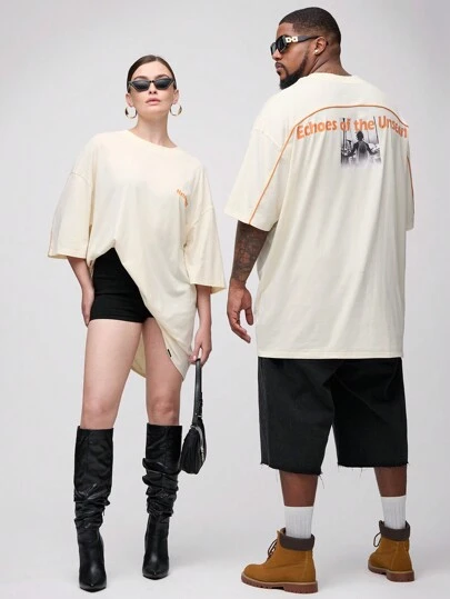 Manfinity VCAY 男款大尺碼休閒鬆身短袖圓領T恤，背部印花，適合夏季日常穿著