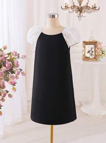 Tween Girl Loose Elegant Color-Block Puff Sleeve Dress With Back Bow Decoration
