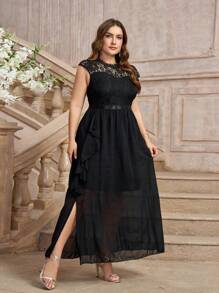 Plus Size Mother Of The Bride Dress, Lace Contrast Mesh A-Line Gown - Black - View 4