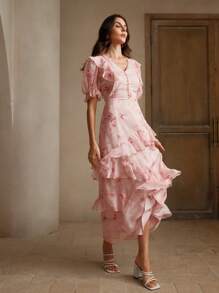 Anewsta Pink Printed Fairy Style Light And Airy French Vacation Puff Sleeve Dress With Ruffled Layers For Women, Spring/Summer Maxi Women Outfit - Pink - View 7