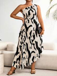 Celure Vestido de verano estampado informal con pliegues y hombros oblicuos para mujer de talla grande