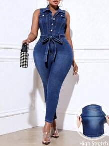 SHEIN CURVE+ Plus Size Long Denim Jumpsuit, Sexy Slim Elasticity Casual Sleeveless Blue Women's Overalls