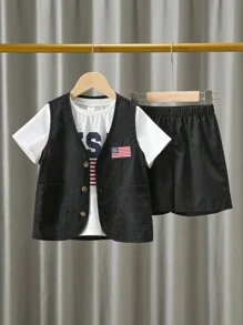 Kids Summer Outfits - 3pcs Young Boy Comfortable & Casual Style American Independence Day Flag Printed T-Shirt, Flag Patch Vest And Shorts Set
