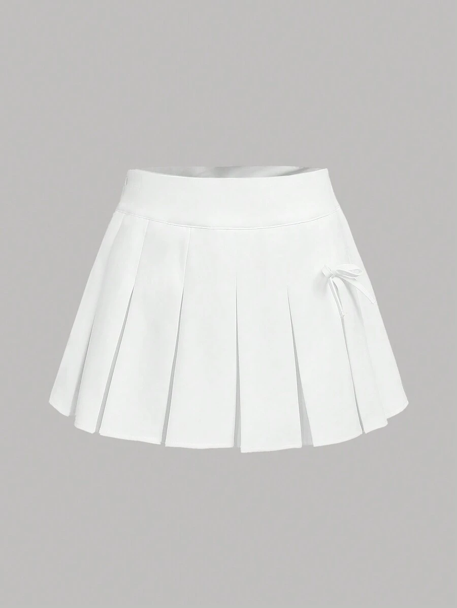SHEIN Girlism Đồng phục học sinh nữ sinh tuổi teen, quần short bên trong thắt nơ xếp ly màu trắng, dễ thương và thoải mái - trắng - Xem 1