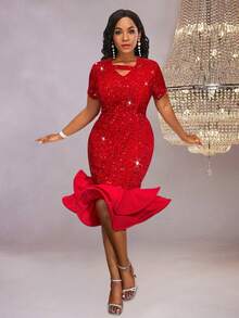 Vestido de fiesta brillante con volantes de un solo hombro - Rojo - Ver 6