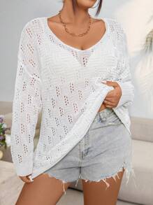 Vionelle Plus Size Solid Color Hollow Out V-Neck Long Sleeve Sweater Pullover, For Winter Knit Pullover Fall Autumn - White - View 4