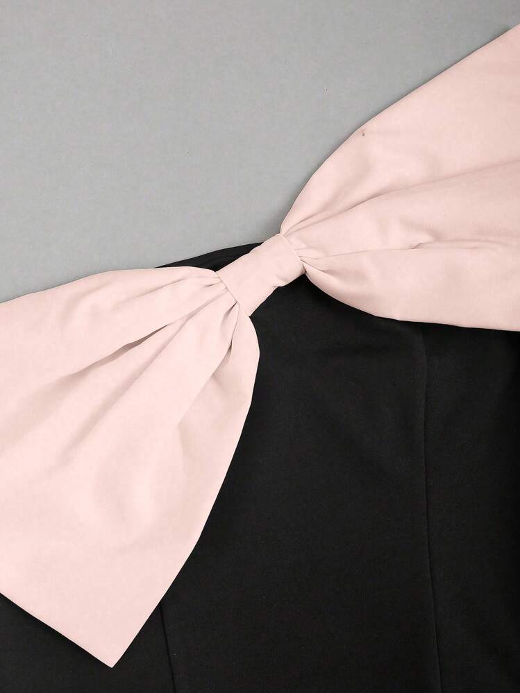 SHEIN Unity Women's Strapless Color-Blocking Top With 3D Bow Decoration - Black - View 3