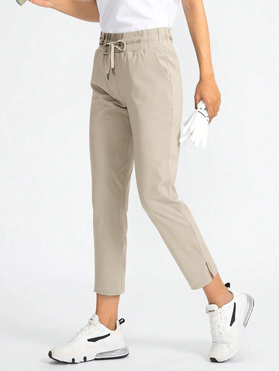 女士纯色休闲抽绳九分裤 - 杏色 - 查看 1