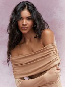 MISSGUIDED Asymmetric Satin Look Ruched Flap Off Shoulder Long Sleeve Bodycon Mini Dress
