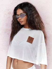 MISSGUIDED 品牌皮革贴片透明落肩超大短款 T 恤 - 白色 - 查看 3