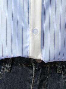 Langärmeliges Hemd für Teenager-Mädchen mit Farbblock-Kragen und gestreiftem Muster mit Ein-Knopf-Verschluss