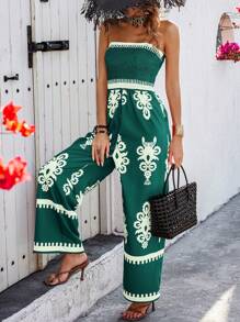 Breezaya Bộ áo liền quần đan dây lệch vai dành cho nữ, in ngẫu nhiên với lưng hở lưng, phong cách ngày lễ - Màu xanh lam - Xem 4