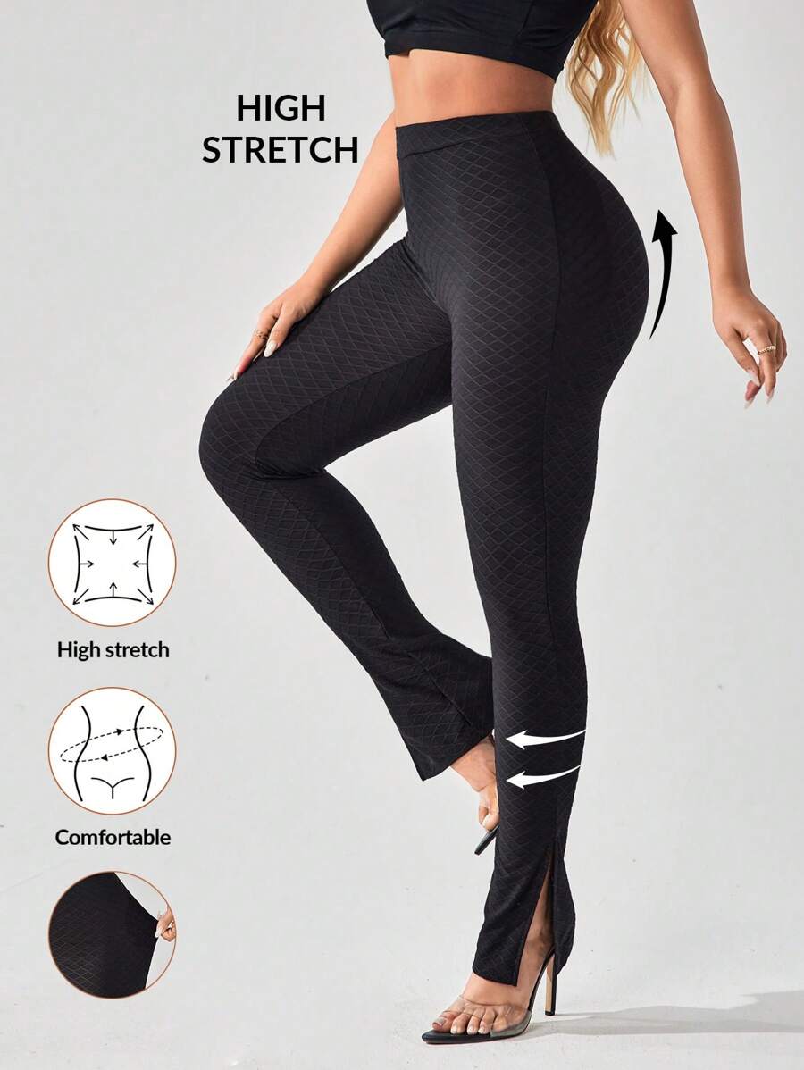 SHEIN SXY Mallas negras casuales transpirables con alta elasticidad, cintura alta, apertura de pierna dividida, levantamiento de glúteos, leggings deportivos largos - Negro - Ver 1