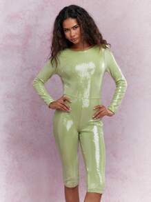 MISSGUIDED Y2K Futuristic Sequin Ngày lễ Thánh Patrick Đảng Unitard Bodysuit Tay dài Jumpsuit Trang phục biểu diễn khiêu vũ ngày lễ của Ireland Lucky Charm Trang phục lễ hội - màu xanh lá - Xem 4