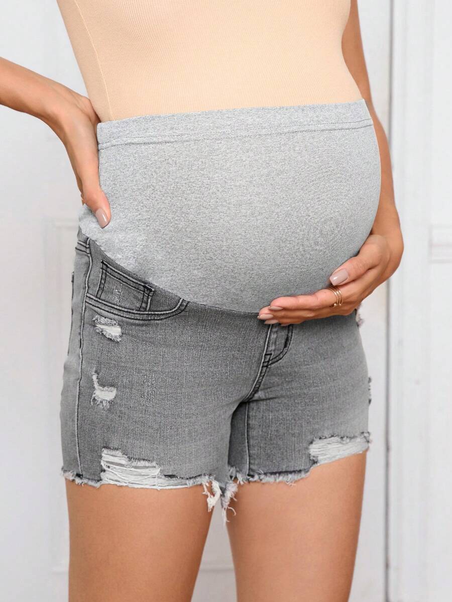 SHEIN Maternity Ripped Raw Hem Denim Shorts, Pregnancy Clothes - Light Grey - View 1