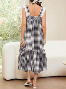 SHEIN Vestido casual de maternidad con patchwork de encaje floral y cuadros, con tirantes