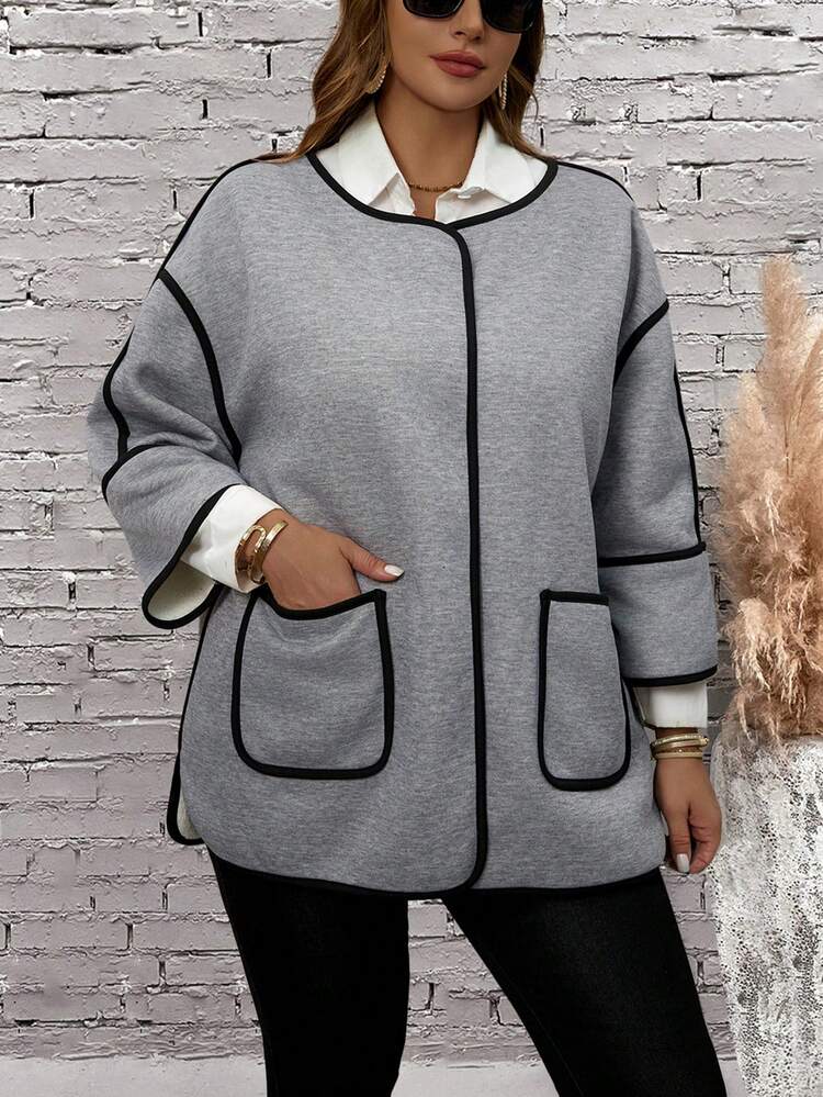 Fall/Winter Plus Size Color Block Striped Fuzzy Jacket With Pockets With Pockets