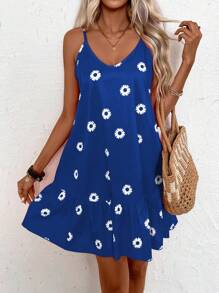 EMERY ROSE Women's V-Neck Backless Floral Printed Ruffled Hem Dress - Blue - View 5