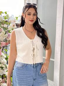 SHEIN EZwear 加大碼打結前綁無袖針織上衣，適合日常穿著 - 杏色 - 查看 5