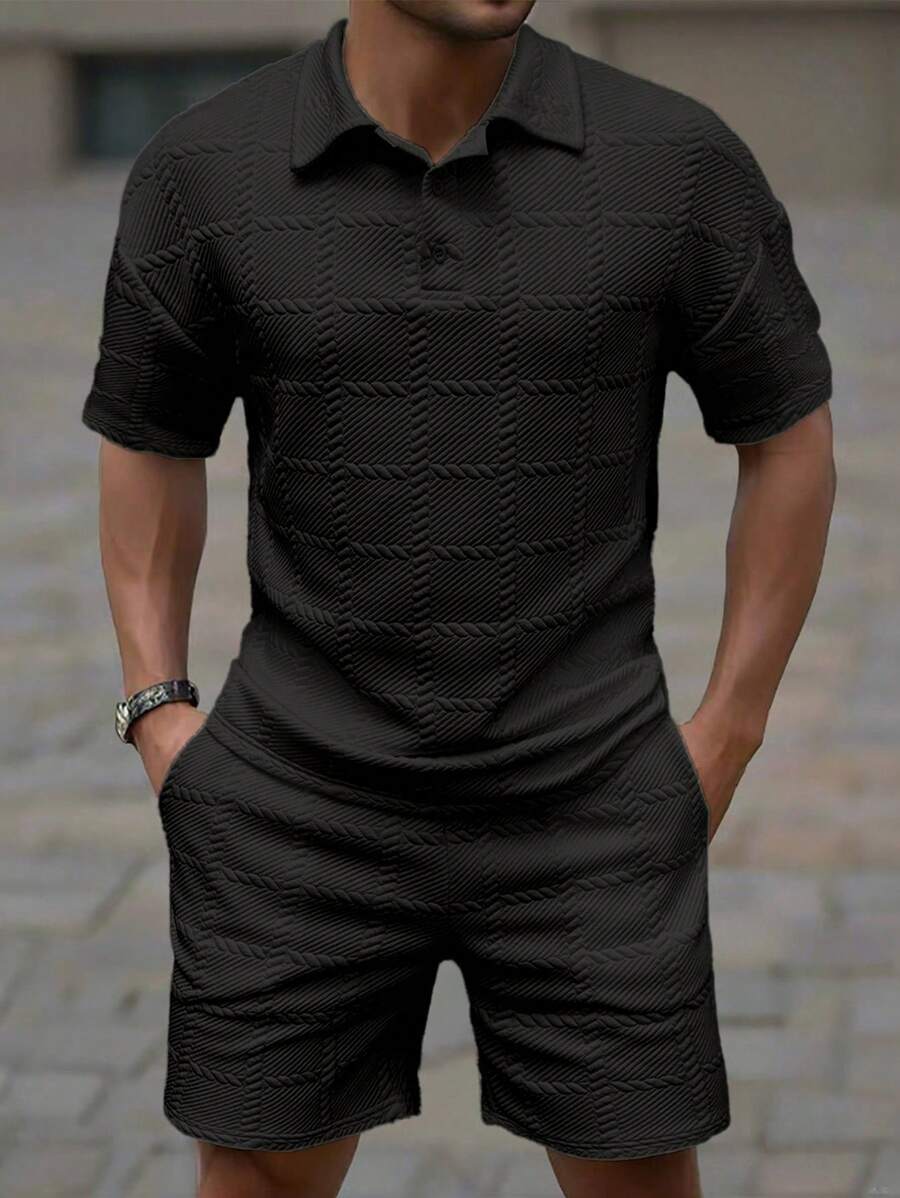 Manfinity Homme 男士休閒 Polo 衫與短褲套裝,極簡風格日常穿著,夏季男士綠色兩件式布料套裝,男士休閒兩件套,不對稱剪裁 - 黑色 - 查看 1
