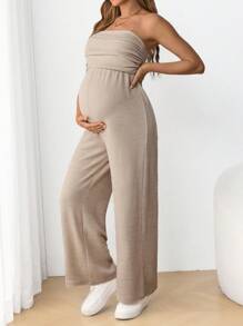 SHEIN 孕婦休閒杏色純色針織肋布無肩長連身褲 - 卡其色 - 查看 1