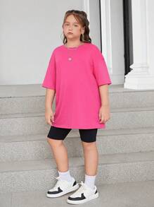 SHEIN 適用於青少年女孩的擴大尺碼通勤休閒春夏短袖圓領上衣和針織短褲套裝