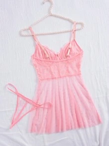 SHEIN Lace Contrast Mesh Chemise Dress With G-String Set For Women, Wireless, 2pcs - Pink - View 2
