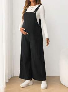 SHEIN Mono de maternidad casual con tirantes ajustables, pantalones nueve con botones laterales elásticos