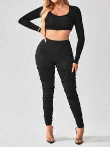 SHEIN SXY Seasonal Autumn Clothing Comfort Leisure Fall Clothes Lift Buttocks Solid Flap Pocket Leggings - Black - View 4