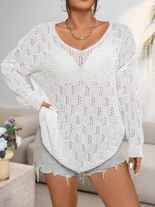 Vionelle Plus Size Solid Color Hollow Out V-Neck Long Sleeve Sweater Pullover, For Winter Knit Pullover Fall Autumn - White - View 3