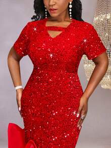 Vestido de fiesta brillante con volantes de un solo hombro - Rojo - Ver 3