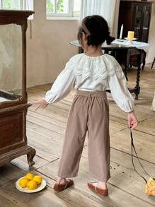 SHEIN Pantalon long tissé décontracté pour filles de couleur kaki - Kaki - Voir 2