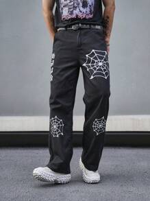 Manfinity EMRG Men Spider Web Print Straight Leg Jeans Without Belt - Black - View 3