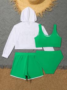 SHEIN Conjunto de bikini para niña preadolescente - Top de tank abierto por la espalda y camisa de manga larga con capucha con estampado de letras, con ropa de baño lisa y shorts con estampado numérico, para playa de verano