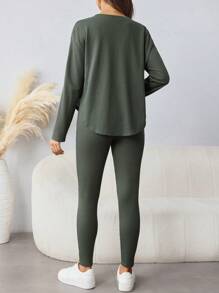 SHEIN Ensemble de T-shirt à manches longues et de pantalon ample de couleur unicolore pour femmes enceintes, décontracté/bureau avec col rond