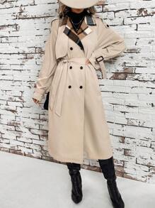 SHEIN Clasi Teacher Shirts Casual Women Dresses Business Women Clothes Long Sleeve Fall Shirt Old Money Style Back To School Clothes Plaid Collar Double-Breasted Peach Cinched Waist Women's Trench Halloween Fall Coat - Apricot - View 8