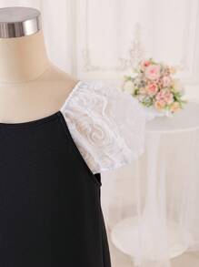 Tween Girl Loose Elegant Color-Block Puff Sleeve Dress With Back Bow Decoration