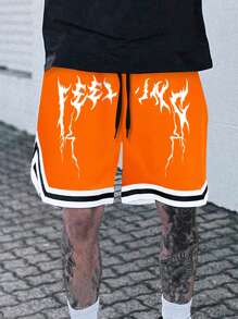 SLATEMANN Loose Fit Men's Shorts With Letter Print And Striped Hem, Drawstring Waist - Orange - View 1