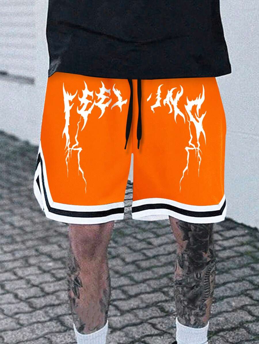 SLATEMANN Loose Fit Men's Shorts With Letter Print And Striped Hem, Drawstring Waist - Orange - View 1