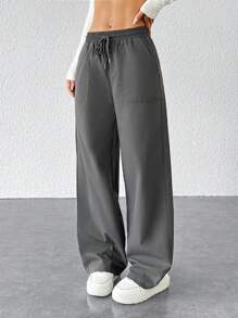 SHEIN PETITE 女士休闲纯色宽松阔腿裤 - 灰色 - 查看 1